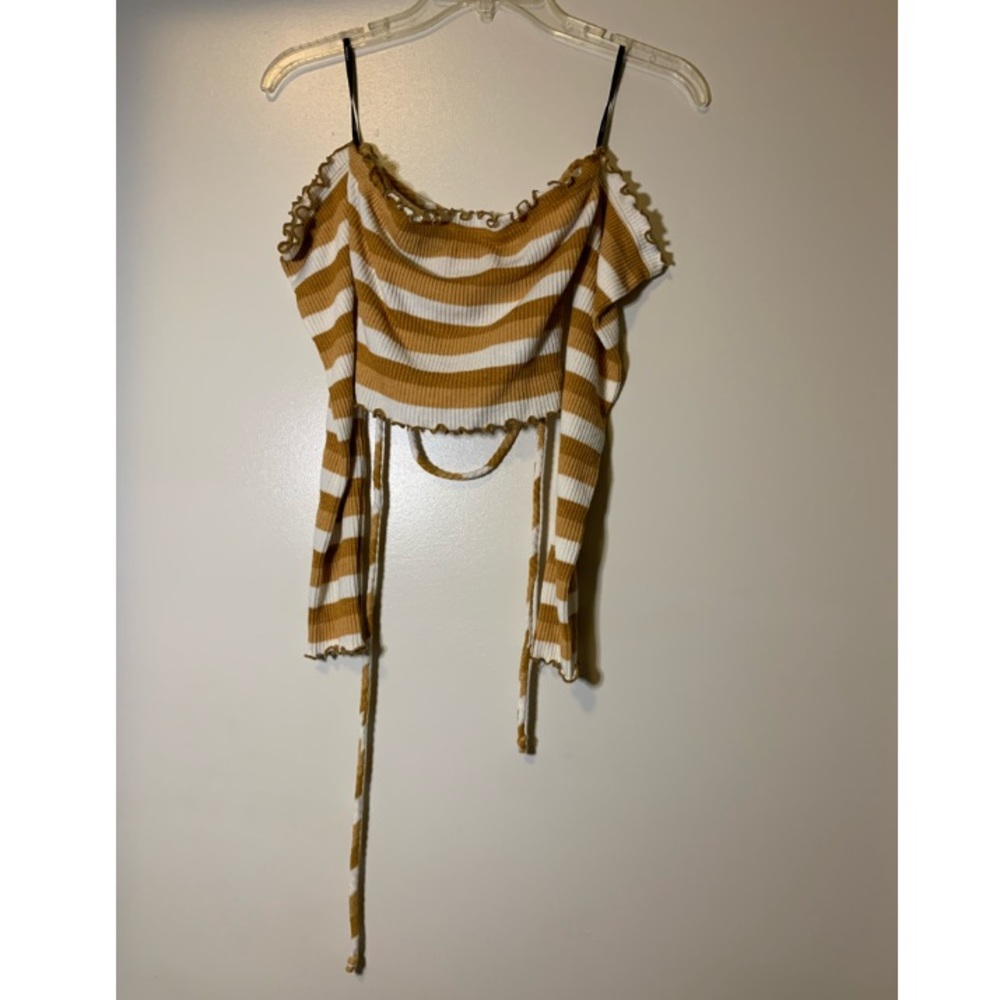 Forever 21 Striped Long Sleeve Off The Shoulder Tie Back 
Small yellow, white